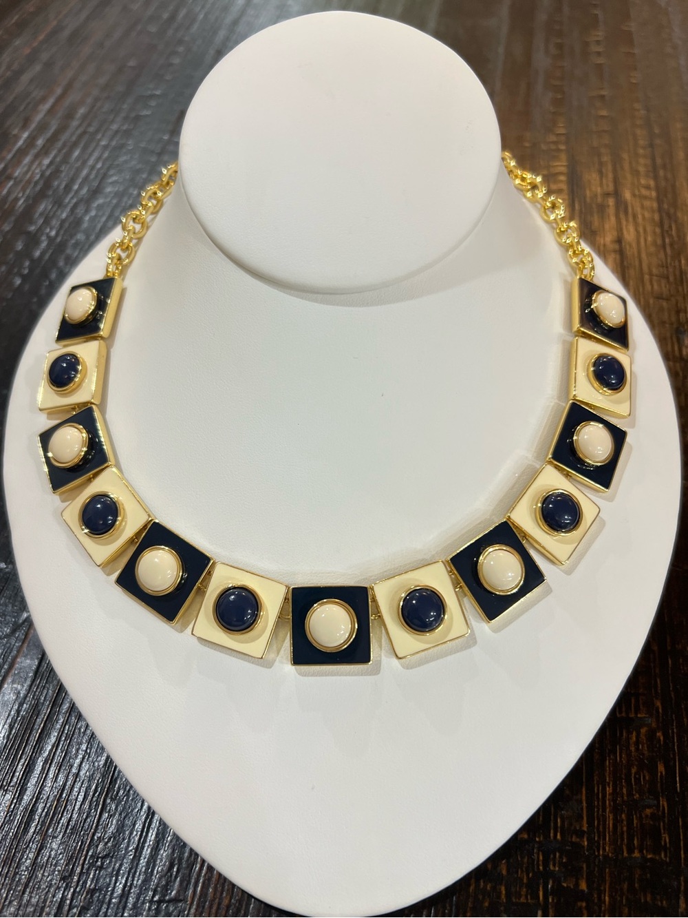 Talbots Blue and Cream Enamel Squares Goldtone Collar Necklace NWT